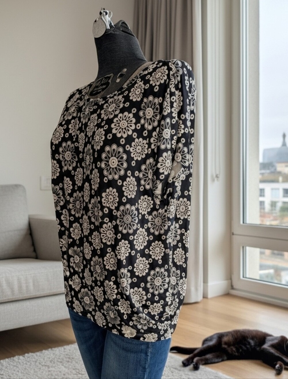 Vintage Y2K Italian Textured Floral Top  Draped Plissé Slouchy Tunic Blouse L/XL